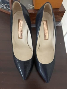 RUPERT SANDERSON navy blue snakeskin leather high heeled pumps Size 38 8 EUC - Picture 1 of 7