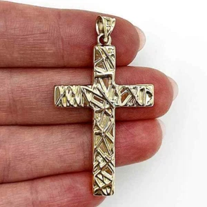 14K Gold Textured Cross Pendant 1.9" - Picture 1 of 5