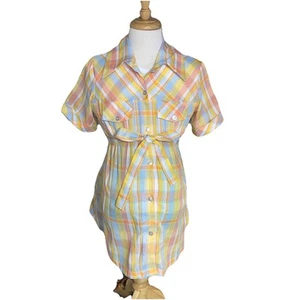 Vintage Plaid Maternity Top Shirt Union Made Button Up Tie Small - Picture 1 of 10