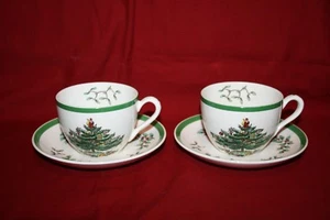 Spode England Christmas Tree Coffee Tea Cups & Saucers Green Trim Set of 2 - Picture 1 of 5
