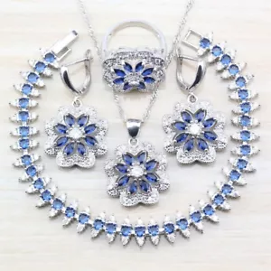 Set gioielli argento sterling zaffiro blu anello sposa matrimonio damigella ballo - Foto 1 di 7