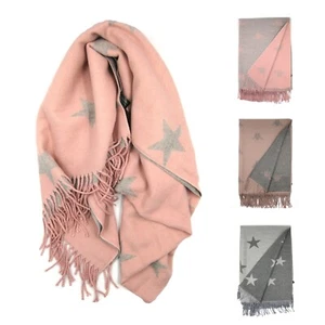 Bufanda de invierno de borla boutique con estampado de estrella o abeja mezcla de cachemira reversible para mujer - Imagen 1 de 34