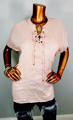 Blusa túnica Ellen Tracy XL Top brillante con cordones dobladillo alto bajo corte en V logotipo calzoncillos cortos Foto 1 de 4