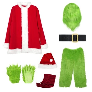 Christmas Costume for Men Green Big Monster 7PCS Santa Suit Xmas Furry Outfit - Picture 1 of 4