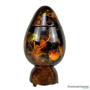 Vintage asiatische schwarze Lack Holz Aufbewahrung Kommode Box Ei mit Fisch Motiv - Bild 1 von 8