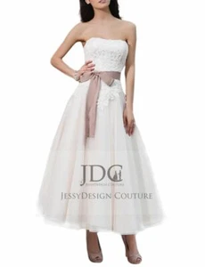 1950's Kurzes Ivory Spitze Brautkleid Standesamtkleid Ivory Ärmellos Taillenband - Bild 1 von 6