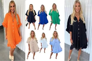 Gold Button Pleated Frill Summer Shirt Swing Smock Mini Dress Top Women's Ladies - Picture 1 of 14