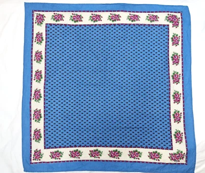 Vintage 1970s FRANCE Blue White Multicolour Large Square Cotton Floral Scarf - image 1 of 4