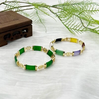 Браслет из нескольких цветных нефритовых звеньев ручной работы с натуральными драгоценными камнями - Изображение 1 из 4