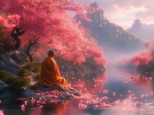 BUDDHA PINK CHERRY BLOSSON TREE CANVAS PICTURE PRINT WALL ART