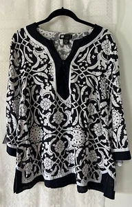 Carole Little Woman Black & White Floral Linen Blend  3/4 Sleeve Plus Blouse 1X - Picture 1 of 7