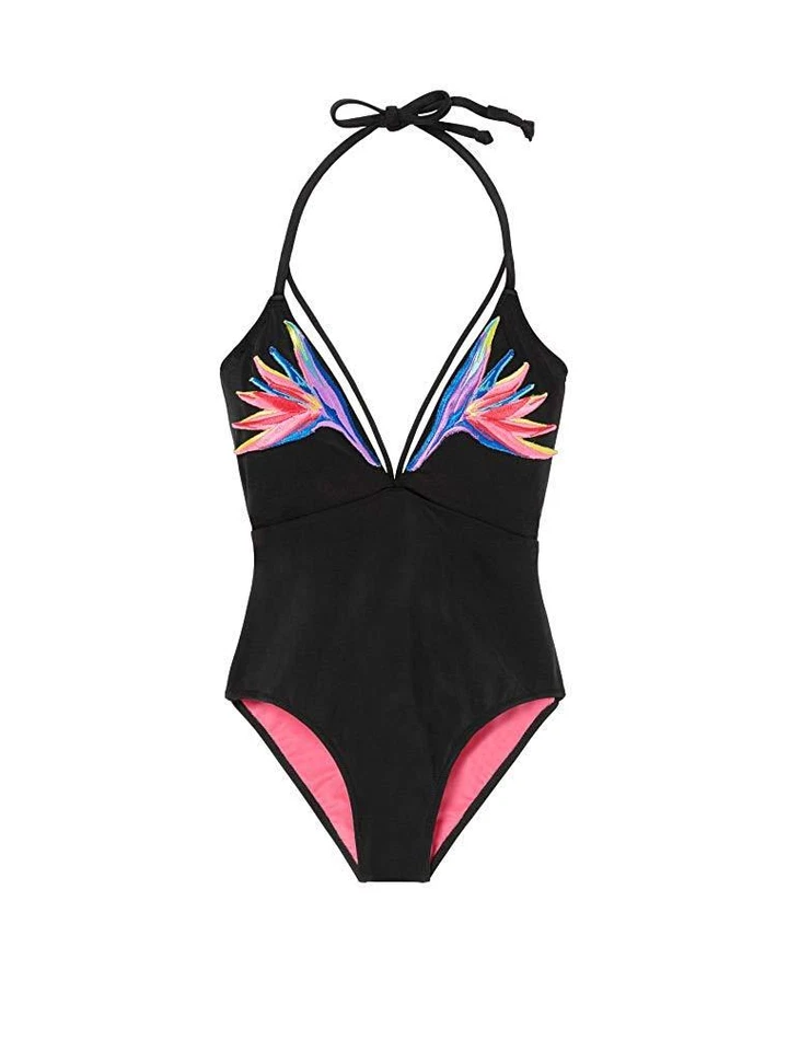 Victoria's Secret Pink Swimwear Embroidered Strappy Plunge One Piece Black Large