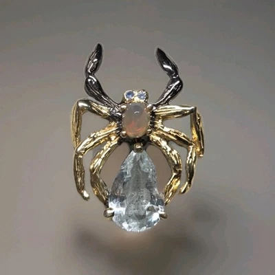 Pingente preto prata esterlina 925 grande natural água-marinha e opala aranha  - Imagem 1 de 4