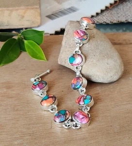 Pink Oyster Copper Turquoise Gemstone 925 Sterling Silver Women Bracelet MO+1021 - Picture 1 of 7