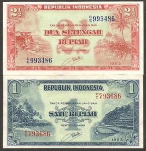 Full Set 2 Pcs Indonesia 1 & 2 1/2 Rupiah Rice Terrace P-40 41 1953 UNC - Picture 1 of 2