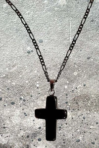 Obsidian Cross on a Black Rhodium 925 Silver Figaro Chain - Picture 1 of 6