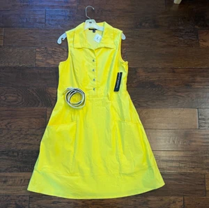 Yellow Sleeveless Size 12 Summer Dress Pockets Belt Button Front Sharagano  NWT - Picture 1 of 11