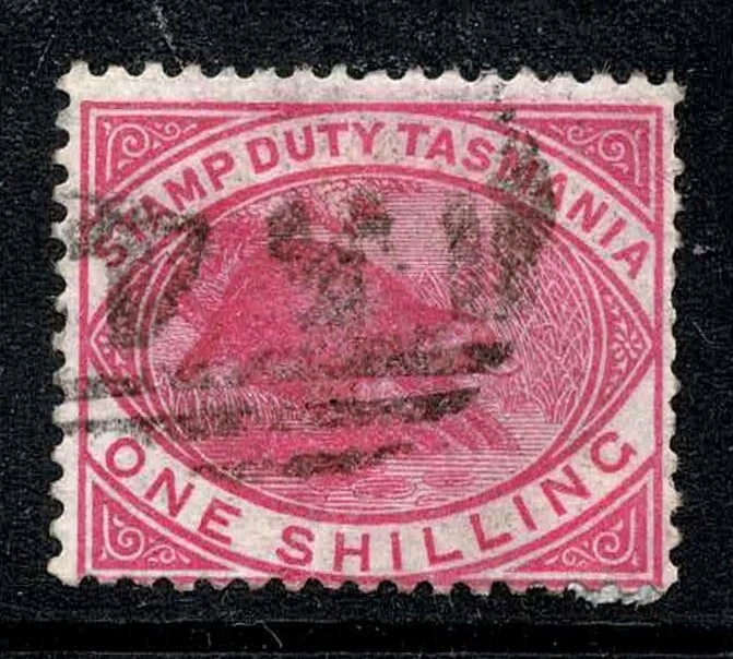 Tasmania 1880, un chelín, trabajo de estampilla, barco de vapor, usado Foto 1 de 2