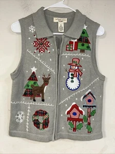 Bechamel Woman Gray Christmas Snowman Zip Front Holiday Vest Size PS, EUC - Picture 1 of 5
