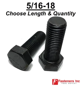 5/16-18 Hex Bolt Plain Black Steel Grade 5 Cap Screw (Choose Length & Qty) - Picture 1 of 27