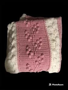 Pretty Pink And White Vintage Hand crocheted Blanket Throw, child - Picture 1 of 12