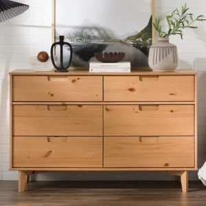 Mid Century Modern 6 Drawer Double Dresser Chest of Drawers Solid Wood Pine 52" - Picture 1 of 6
