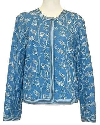 Chaqueta Bordada XL Blazer Sin Cuello Floral Costuras Algodón Forrado a Presión Foto 1 de 4