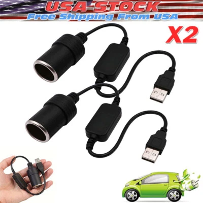 2pcs Car Cigarette Lighter Socket Female Converter USB To 12V Adapter Cable Cord - Image 1 of 4