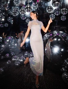 NWT_ZARA WOMAN MESH MIDI DRESS WITH RHINESTONES GREY SIZE SMALL FW23 7901/931 - Picture 1 of 16