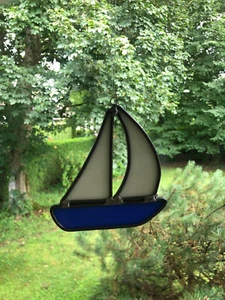Tiffany Glaskunst Fensterbild, Fensterdeko, Segelschiff weiß/blau - Bild 1 von 1