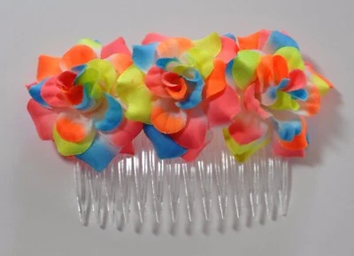 4" Neon Multicolor Rose Roses Silk Flower HAIR COMB Wedding Bridesmaid Bridal - Image 1 of 2