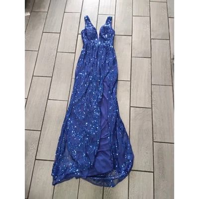 Brillante Vestido de Noche Formal Azul Real Lentejuelas Cuello en V Profundo Abertura Alta Foto 1 de 4