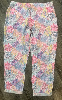 Pantalones Lilly Pulitzer Taron Lino Splashdance Coral Talla XL Elastizados Cintura Bolsillos Foto 1 de 4