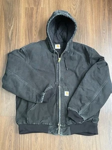 VTG Carhartt Jacket J140 Faded Black Size L Canvas Duck Quilt Lined Hooded Coat - Picture 1 of 24