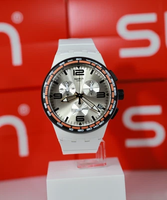 Nuevo Reloj Swiss Limited Swatch Hojas Blancas Cronógrafo Silicona Fecha 42mm SUSW405 Foto 1 de 4