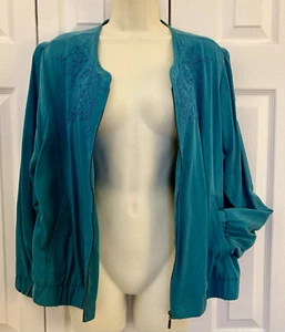 Ruby Rd. Petite 16 P Teal Zipper Jacket Top Long Sleeve Embroidery Elastic Waist - Picture 1 of 9
