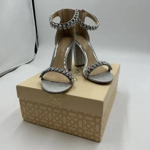Jewel Badgley Mischka Mayra Ankle Strap Evening Shoe Heels, Silver (Size 9) - Picture 1 of 9