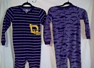 Size 7 Carter's 2 pr Bull Dozer blue stripe & gray mustaches Footed PJ's Fleece - Picture 1 of 3