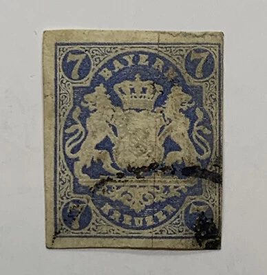 EARLY BAVARIA IMPERF 7 KR BLUE STAMP - Image 1 of 2