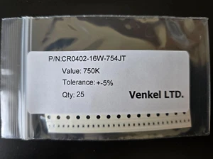 25pcs Venkel 750k ohms ±5% SMT Resistors 0402 (1005 Metric) CR0402-16W-754JT - Picture 1 of 1