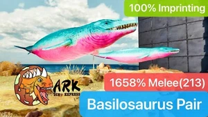 ark survival ascended pve Basilosaurus Pair, 1658% Melee(213), 100% Imprinting - Picture 1 of 2