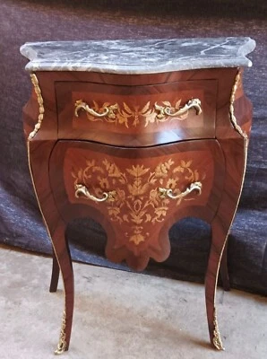 Commode chevet table nuit style LOUIS XV bois massif marqueterie plateau marbre - Photo 1/4