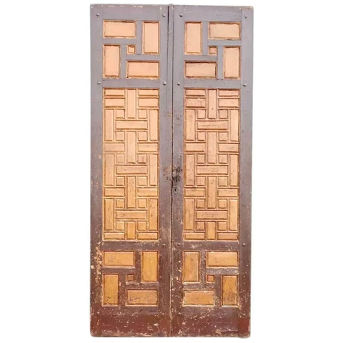 Antique Large Moorish Painted Pine Panelled 9-Foot Double Door 19th century Cover