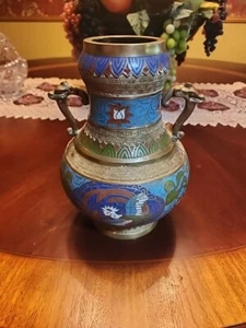 Japanese Brass Enamel Champleve Cloisonne Vase Urn 10" Vintage Collectible - Picture 1 of 11