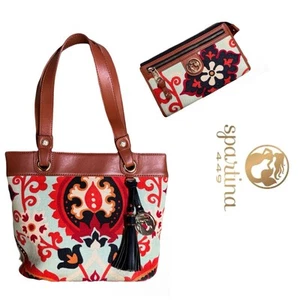🌟Spartina 449 Waving Girl Day Tote & Wallet Red Blue White Linen & Leather EUC - Picture 1 of 13