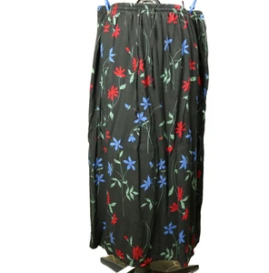 Vintage Sag Harbor Floral Midi Skirt Elastic Waist Drawstring Side Slit Black 2X - Picture 1 of 19