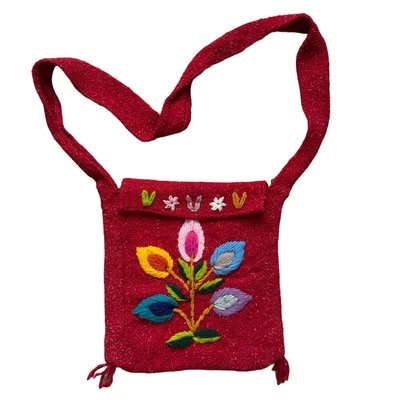 VTG Wool Crossbody Bag Embroidered Flowers Fringe Hem Foldover Purse Red Knit - Image 1 of 4