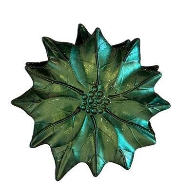 4 Akcam Turkish Glass Green Shimmer Poinsettia 8" Plate Set Christmas Holiday - Image 1 of 4