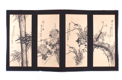 Vintage Chinese Bamboo Floral Scene 4 Panel Silk Folding Screen Painting Signed - Image 1 of 4