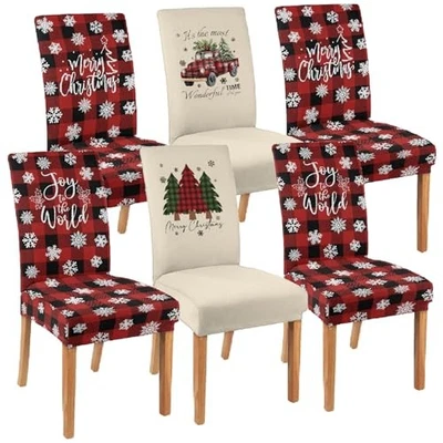 Christmas Chair Covers Set of Red Plaid Christmas Tree Truck Dining 6 Buffalo - Image 1 of 4